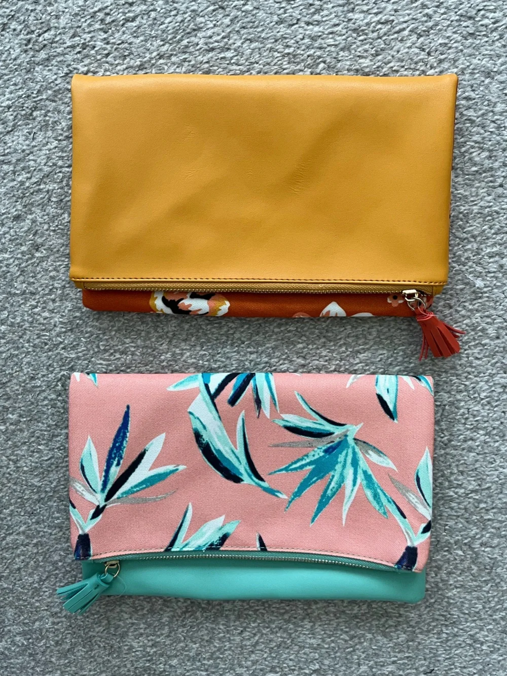 NWOT Rachel Pally Yellow Foldover Clutch & Pink Floral Teal Trim Clutch Duo
